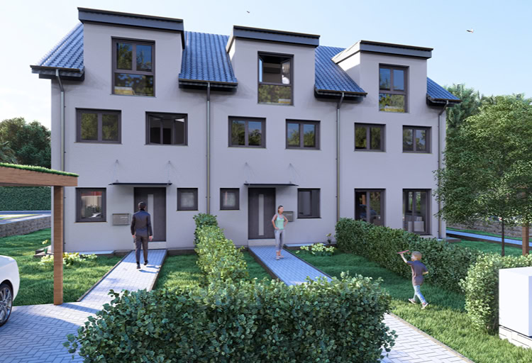 Neubau-Reihenhäuser mit Garten und moderner Architektur in familienfreundlicher Wohnlage.