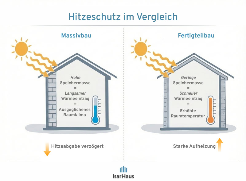 Vergleichsgrafik zum Hitzeschutz: links Massivbau mit hoher Speichermasse und langsamem Wärmeeintrag, rechts Fertigteilbau mit geringerer Speichermasse und schnellerer Aufheizung.