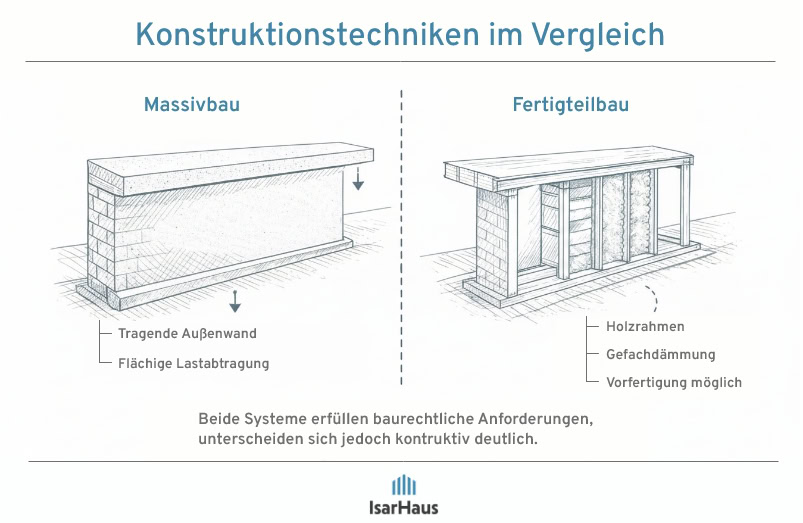 Vergleichsgrafik der Wandkonstruktion: links massive Außenwand mit flächiger Lastabtragung, rechts Holzrahmenkonstruktion mit Gefachdämmung und vorgefertigten Bauteilen.